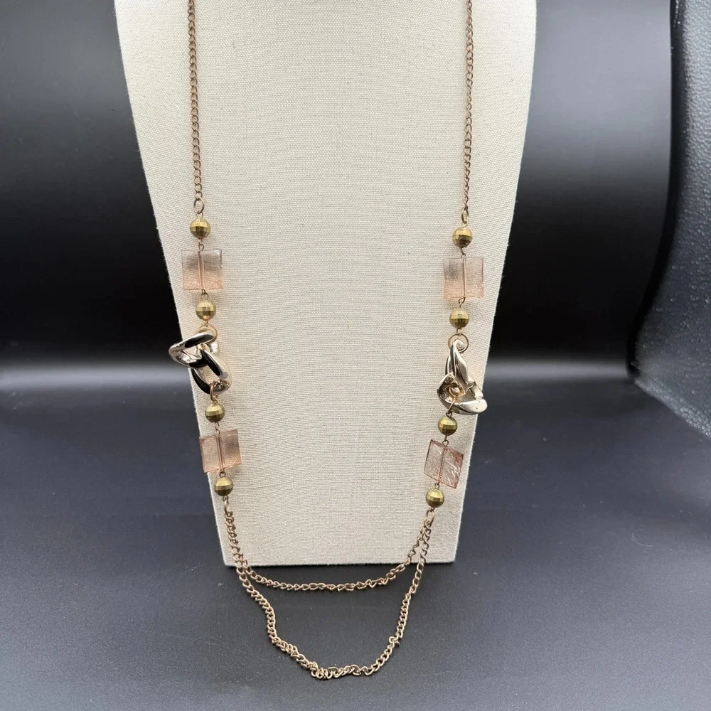 Gold Tone Long Chain Necklace Pink Lucite Beads Black Enamel Links Layered Boho